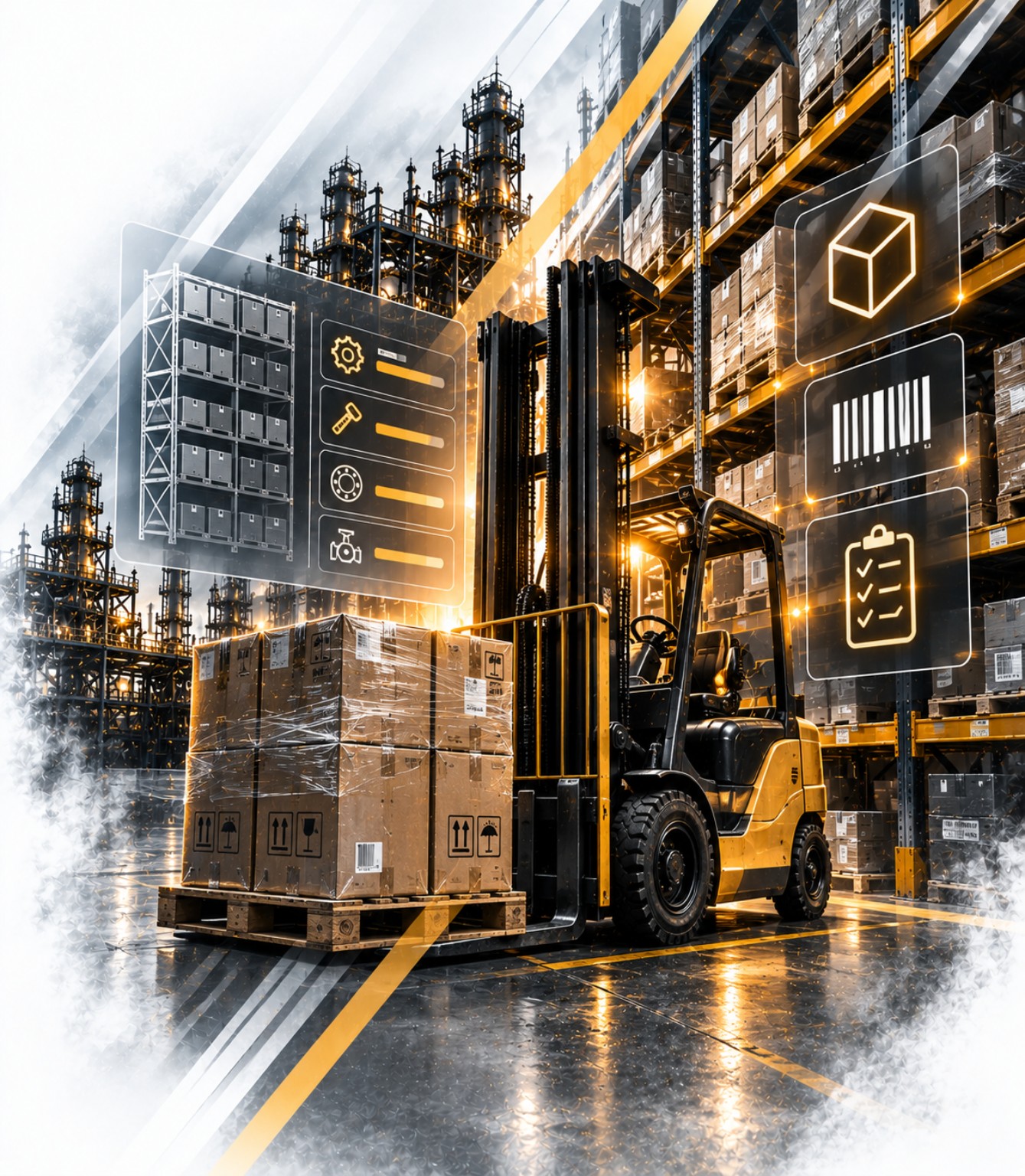 Almoxarifado industrial integrado com estoque, movimentações e rastreabilidade